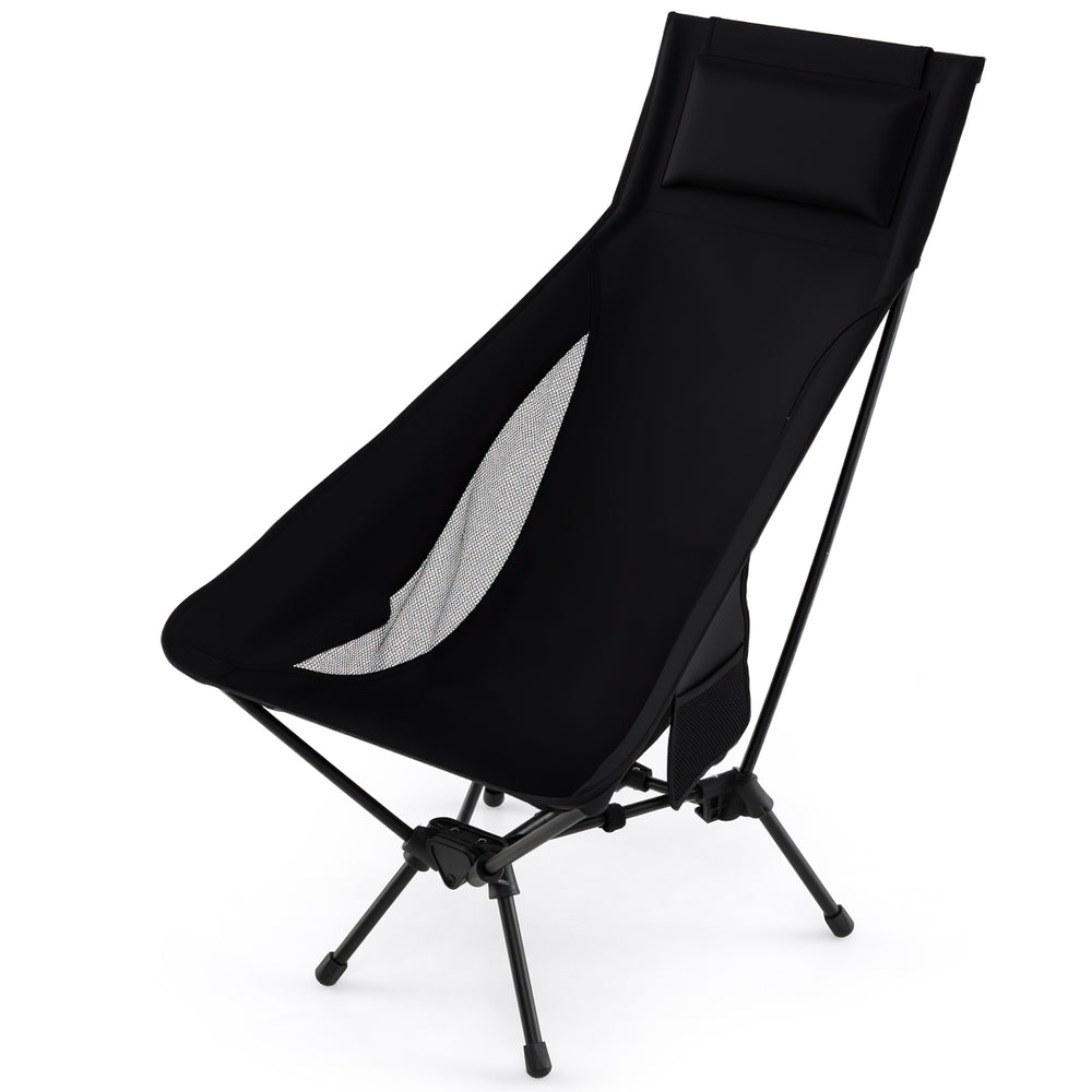 High back portable camping chair in black with ergonomic design, breathable mesh, and compact carry bag for easy.