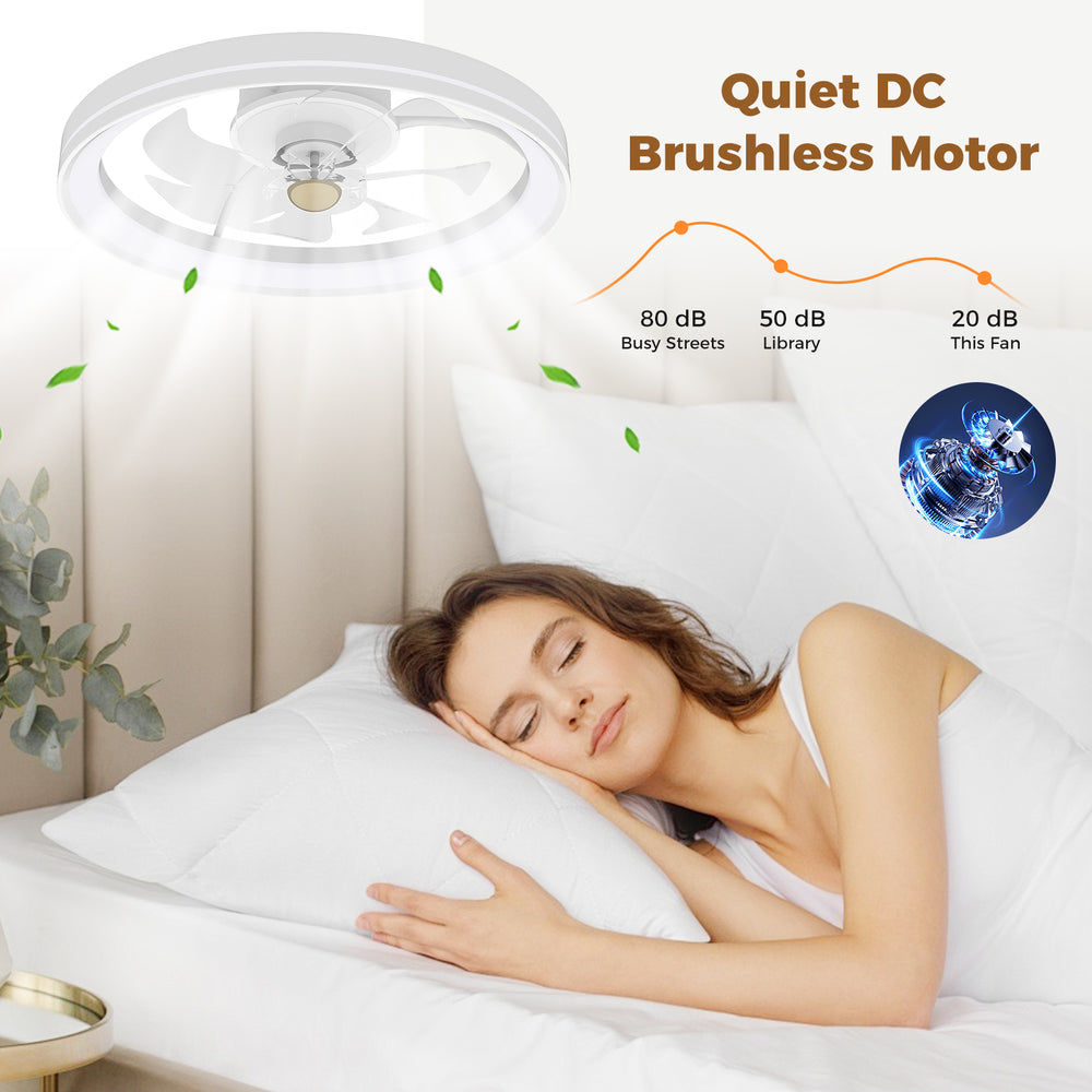 19-inch low-profile ceiling fan with dimmable LED, adjustable color temperature, and ultra-quiet DC brushless motor.