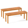 Acacia wood outdoor benches with slatted seats, designed for garden use, comfortably seating 2 people.