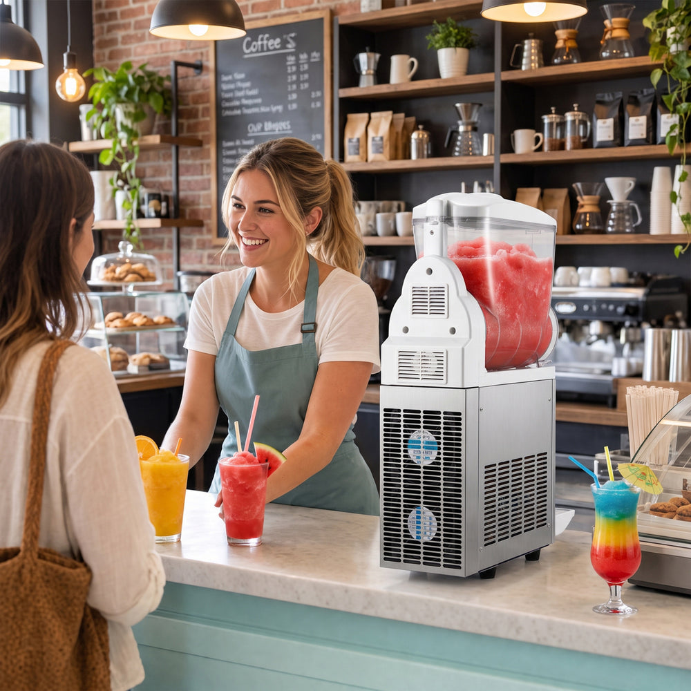 Commercial slushy machine with 15L capacity, designed for easy operation and fast cooling of cold drinks and slushies.