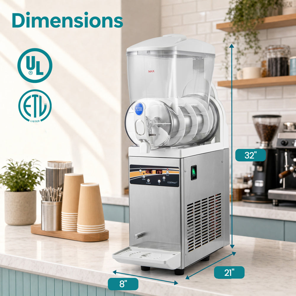 Commercial slushy machine with a 507 oz capacity, featuring a rapid freezing compressor and user-friendly controls.