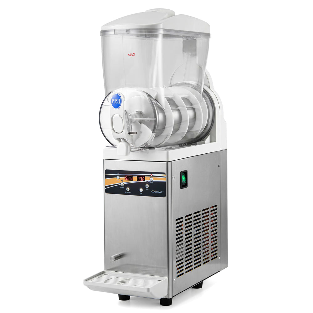 Commercial slushy machine with a 15L capacity, featuring rapid freezing, user-friendly controls, and self-cleaning design.