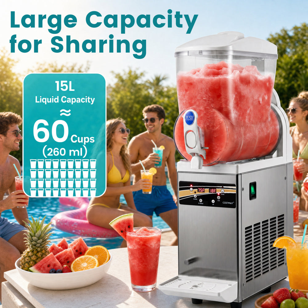 Commercial slushy machine with 15L capacity, ideal for making cold drinks and slushies for sharing at events.