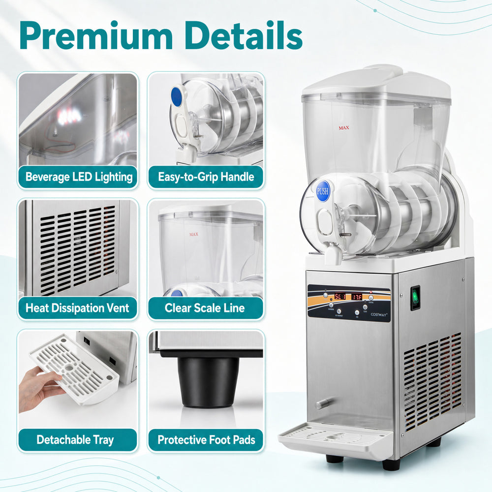 Commercial slushy machine with 507 oz capacity, LED lighting, easy-to-grip handle, and self-cleaning design for convenience.