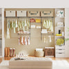 Closet organizer system with hanging rods and shelves, featuring a durable grey metal design for versatile storage.