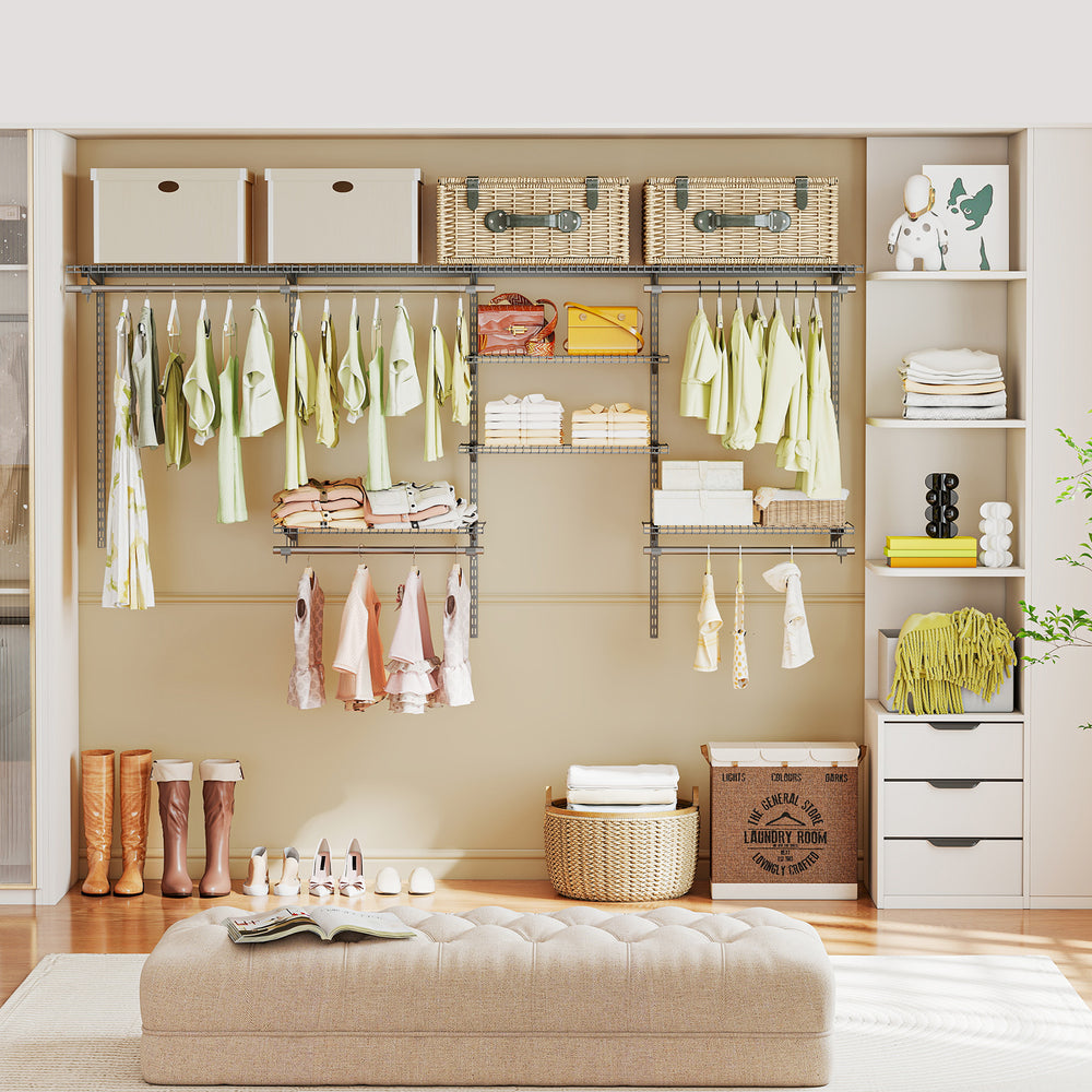 Closet organizer system with hanging rods and shelves, featuring a durable grey metal design for versatile storage.