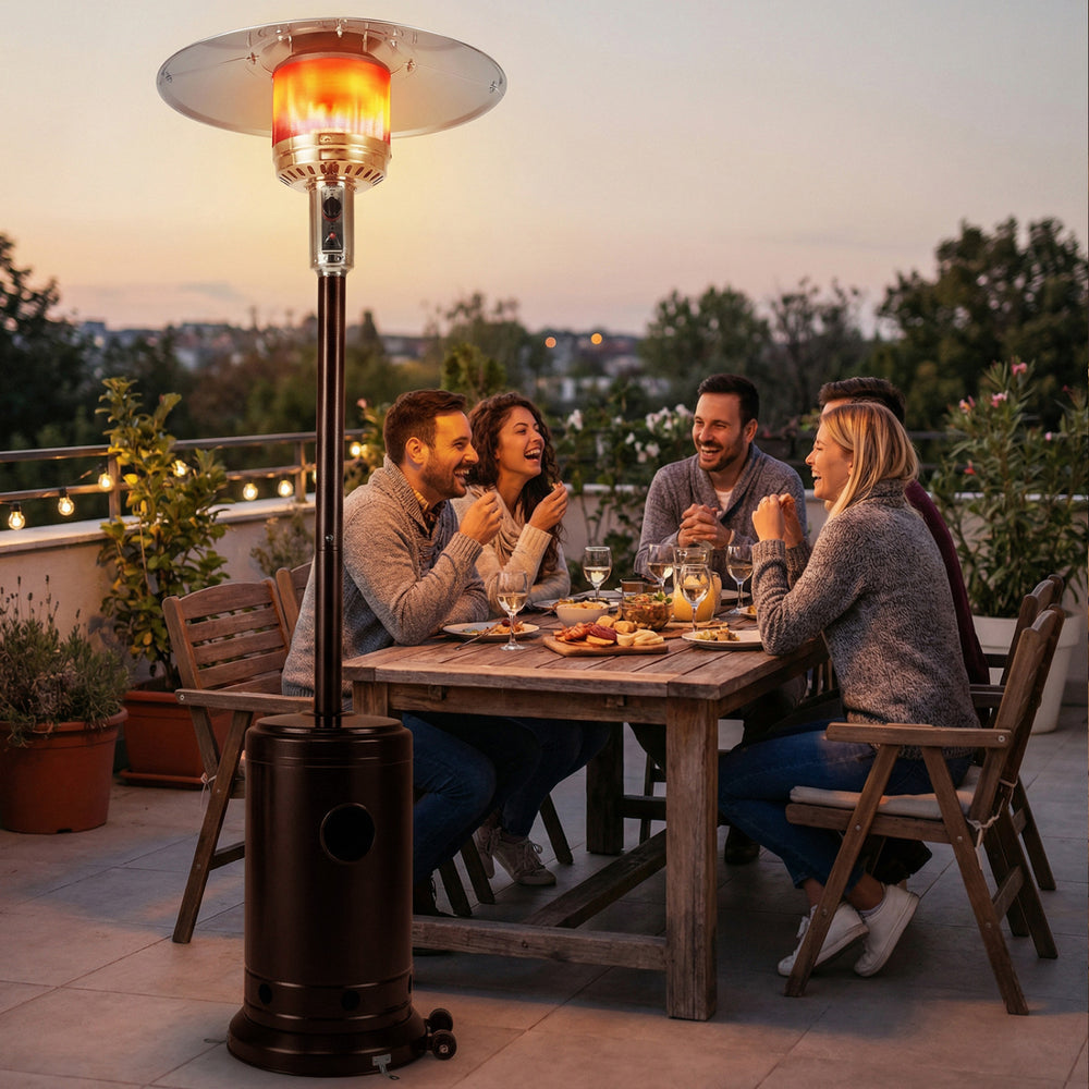 Patio propane gas heater with stainless steel burner providing 50,000 BTU heat, ideal for outdoor gatherings and warmth.