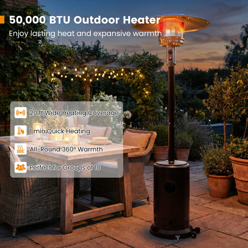 50,000 BTU patio propane gas heater in bronze with stainless steel burner, perfect for outdoor gatherings and warmth.