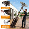 Patio propane gas heater with stainless steel burner, 50,000 BTU output, and built-in wheels for easy mobility.