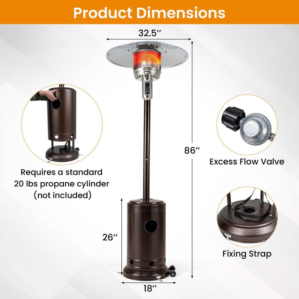 Patio propane gas heater in bronze with stainless steel burner, 50,000 BTU, ideal for outdoor patios and gardens.