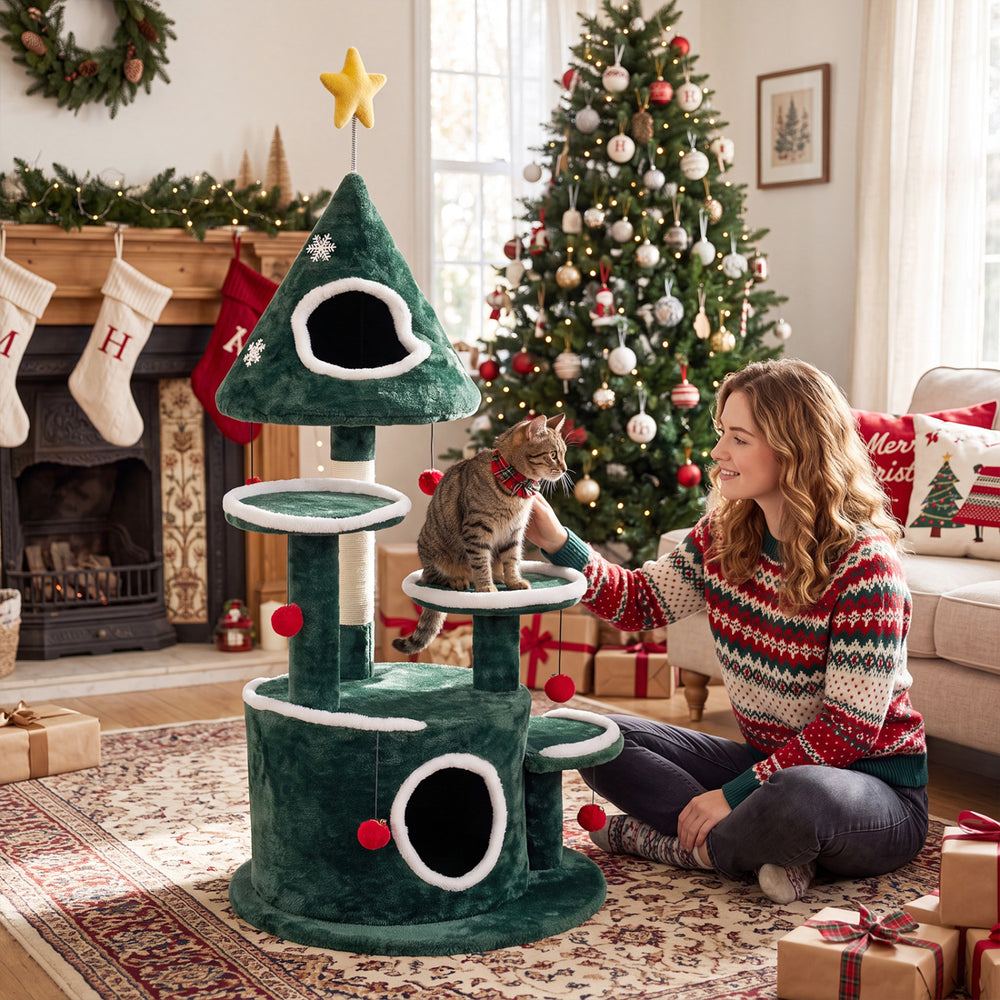 Christmas tree-shaped cat tree with condos, sisal scratching post, and interactive toys for feline fun and comfort.