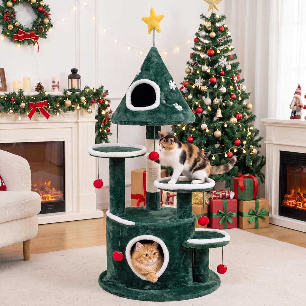Christmas cat tree stands 50" tall with a cozy top platform, plush fabric, and interactive hanging bell balls for play.