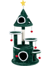 Christmas tree-shaped cat tree features two condos, a sisal scratching post, and interactive toys for feline fun.
