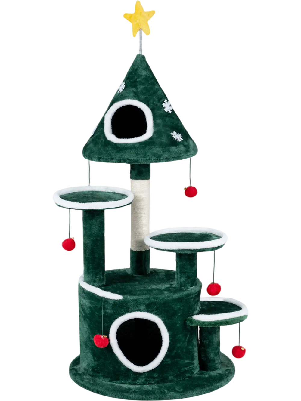 Christmas tree-shaped cat tree features two condos, a sisal scratching post, and interactive toys for feline fun.