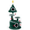 Christmas tree-shaped cat tree features multi-level platforms, two condos, and a sisal scratching post for feline fun.