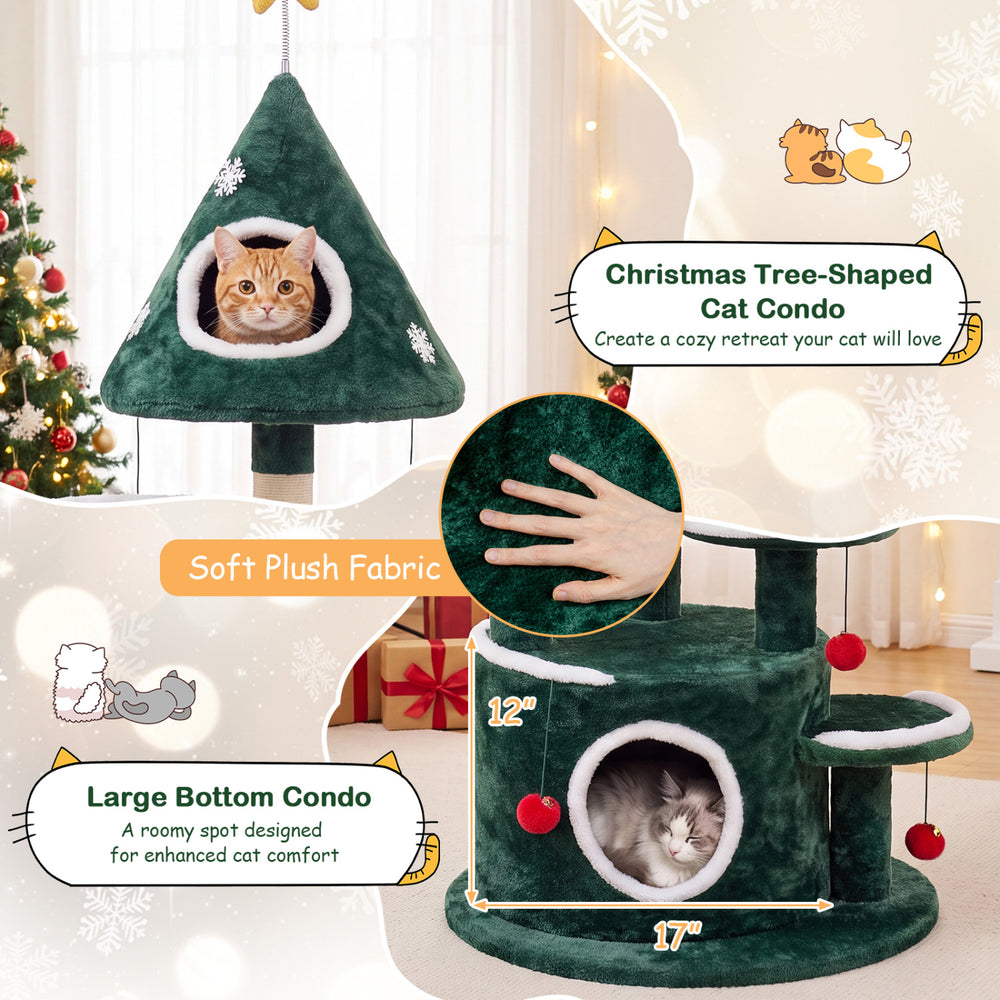 Christmas tree-shaped cat condo with plush fabric, large bottom condo, and sisal scratching post for feline fun.