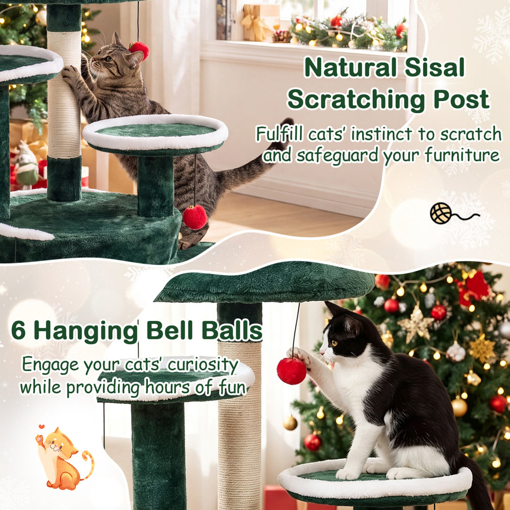 Christmas tree-shaped cat tree with sisal scratching post and 6 hanging bell balls for interactive play and comfort.