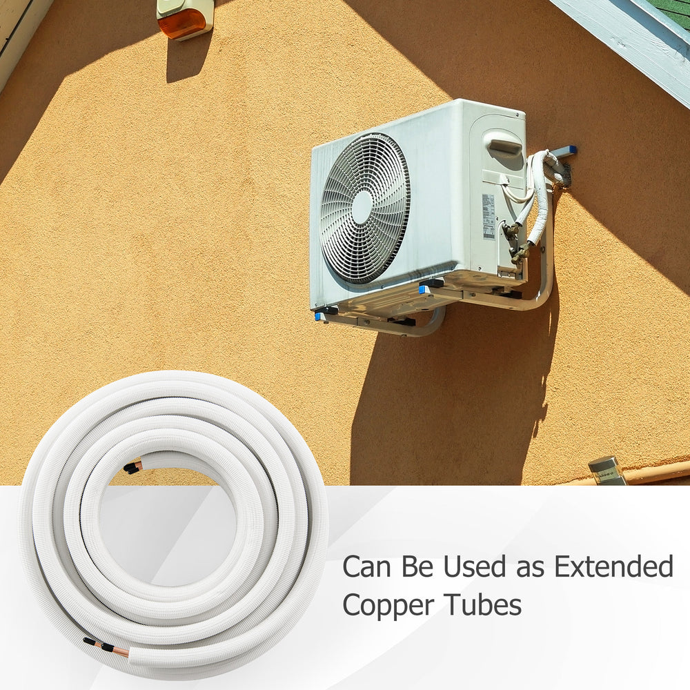 50 feet mini split line set with 1/4" and 3/8" O.D. copper pipes, ideal for air conditioner extensions and insulation.