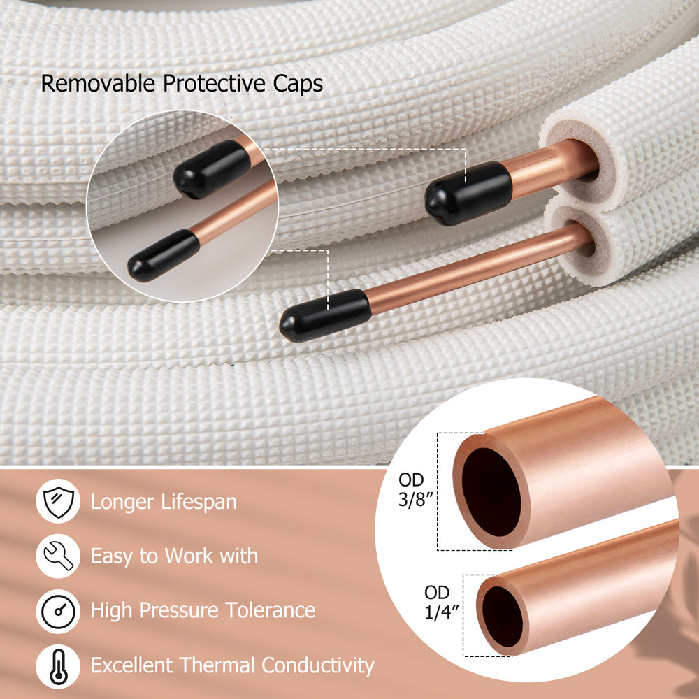 50 feet mini split line set featuring 1/4" and 3/8" O.D. copper pipes with removable protective caps for easy.