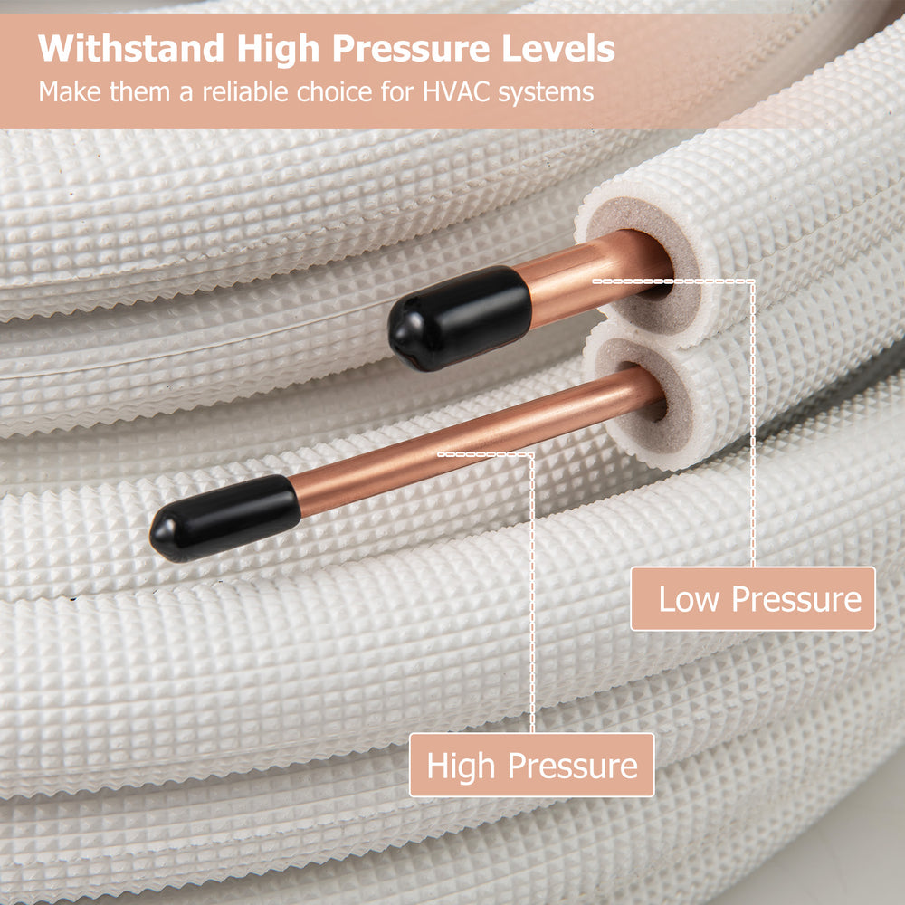 50 feet mini split line set featuring 1/4" and 3/8" O.D. copper pipes, designed for high-pressure HVAC systems.