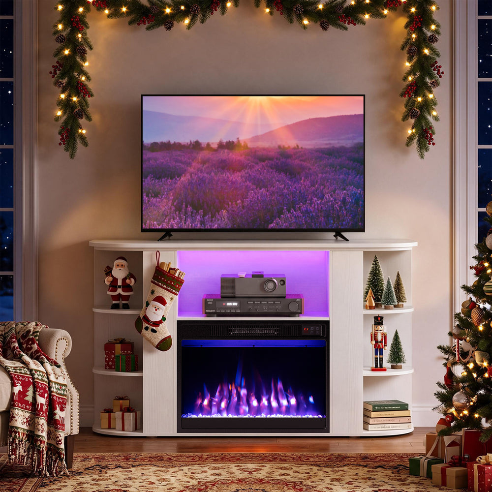50” white fireplace TV stand features RGB lights, a 23” electric fireplace, and ample storage for living room decor.