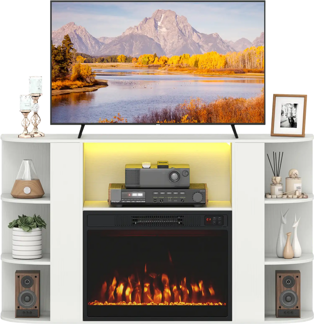 50” white fireplace TV stand features RGB lights, a 23” electric fireplace, and ample storage for living room use.