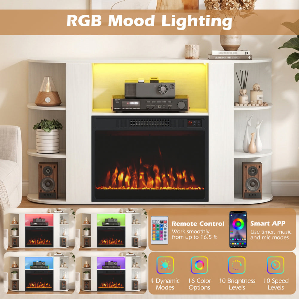 50” white fireplace TV stand features RGB lights, 23” electric fireplace, and ample storage for living room decor.