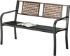 Black 50-inch outdoor metal garden bench with rattan-like backrest, ideal for 2-3 people in a backyard or garden.
