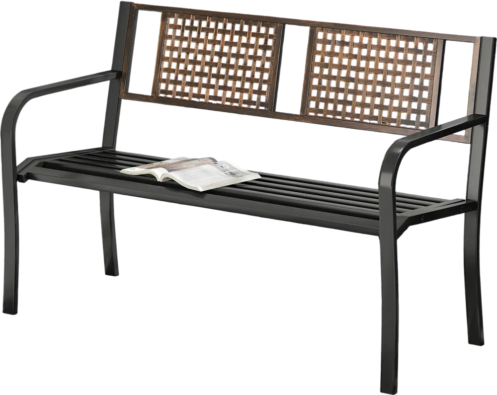 Black 50-inch outdoor metal garden bench with rattan-like backrest, ideal for 2-3 people in a backyard or garden.