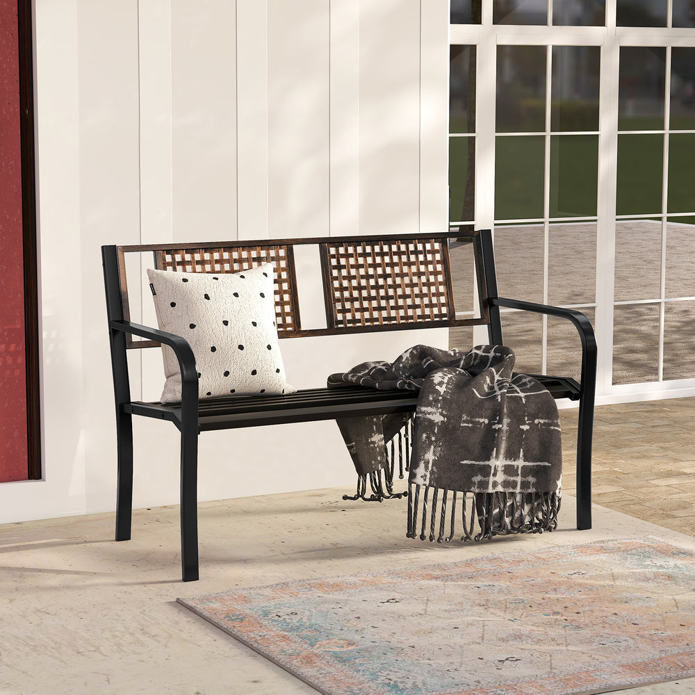 Black 50-inch outdoor metal garden bench with rattan-like backrest, ideal for 2-3 people, perfect for backyard or.