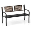 Black outdoor metal garden bench with rattan-like backrest, seating 2-3 people, ideal for backyard or poolside use.