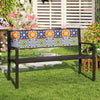 Mosaic backrest patio metal bench with black frame, seating 2-3 people, ideal for garden or poolside relaxation.