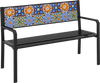 Side view of a 50-inch patio metal bench featuring a colorful mosaic backrest, perfect for outdoor gatherings and.