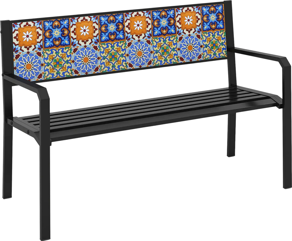 Side view of a 50-inch patio metal bench featuring a colorful mosaic backrest, perfect for outdoor gatherings and.