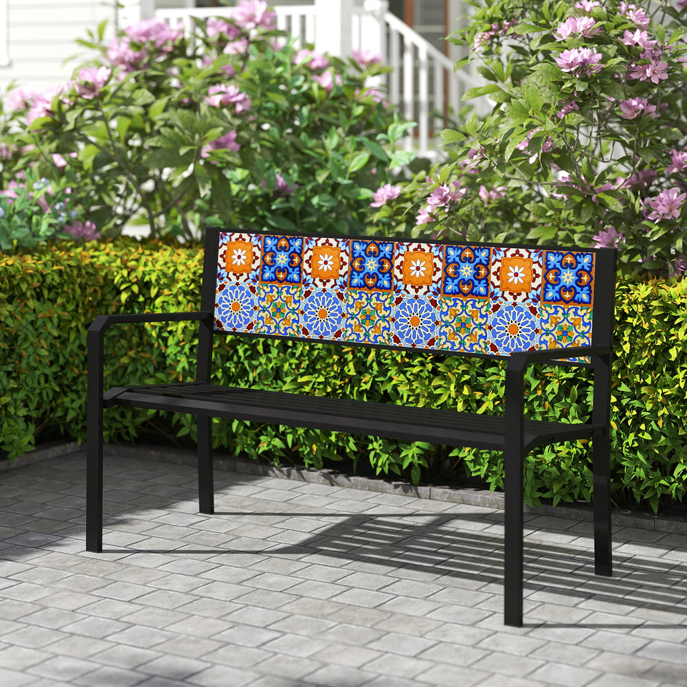 Patio metal bench with mosaic backrest, black frame, 50-inch slatted loveseat for 2-3 people, ideal for outdoor.