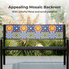 Mosaic backrest of a 50-inch patio metal bench with colorful patterns, ideal for backyard or garden seating.