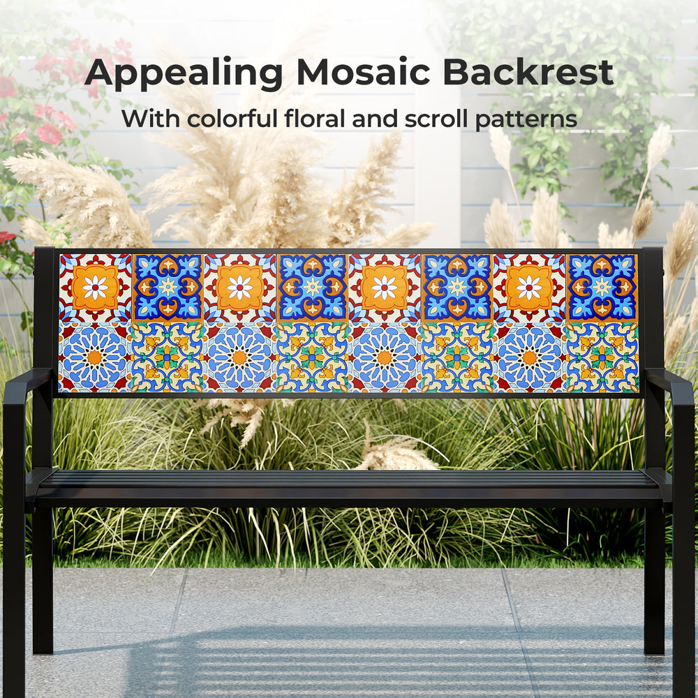 Mosaic backrest of a 50-inch patio metal bench with colorful patterns, ideal for backyard or garden seating.