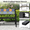 Curved seat metal bench with mosaic backrest, 50-inch slatted design, supports 660 lbs, ideal for backyard relaxation.