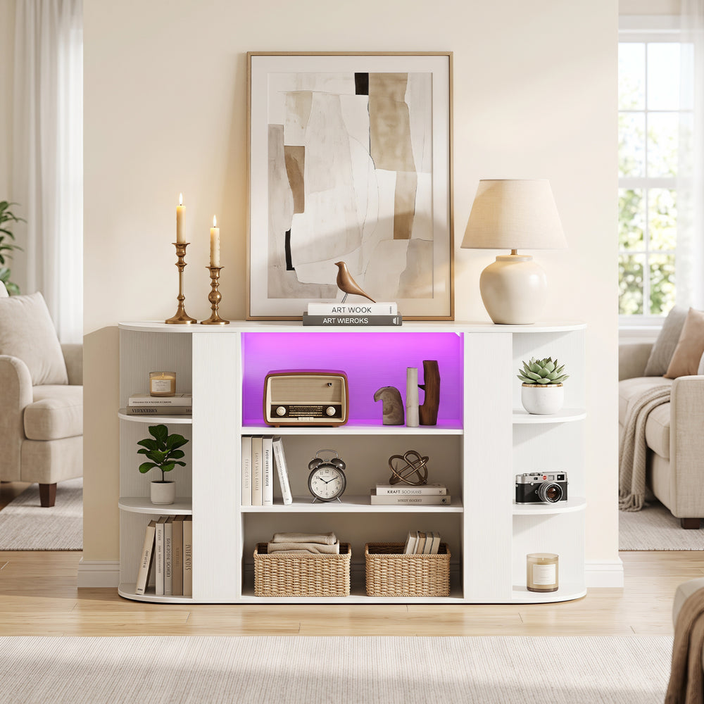 White 50-inch TV stand featuring RGB lighting, side storage shelves, and an adjustable shelf for versatile organization.