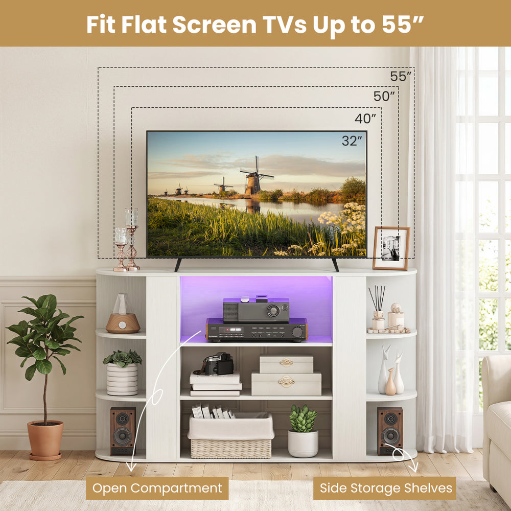 50-inch TV stand in white with RGB lights, adjustable shelves, and open compartment for TVs up to 55 inches.