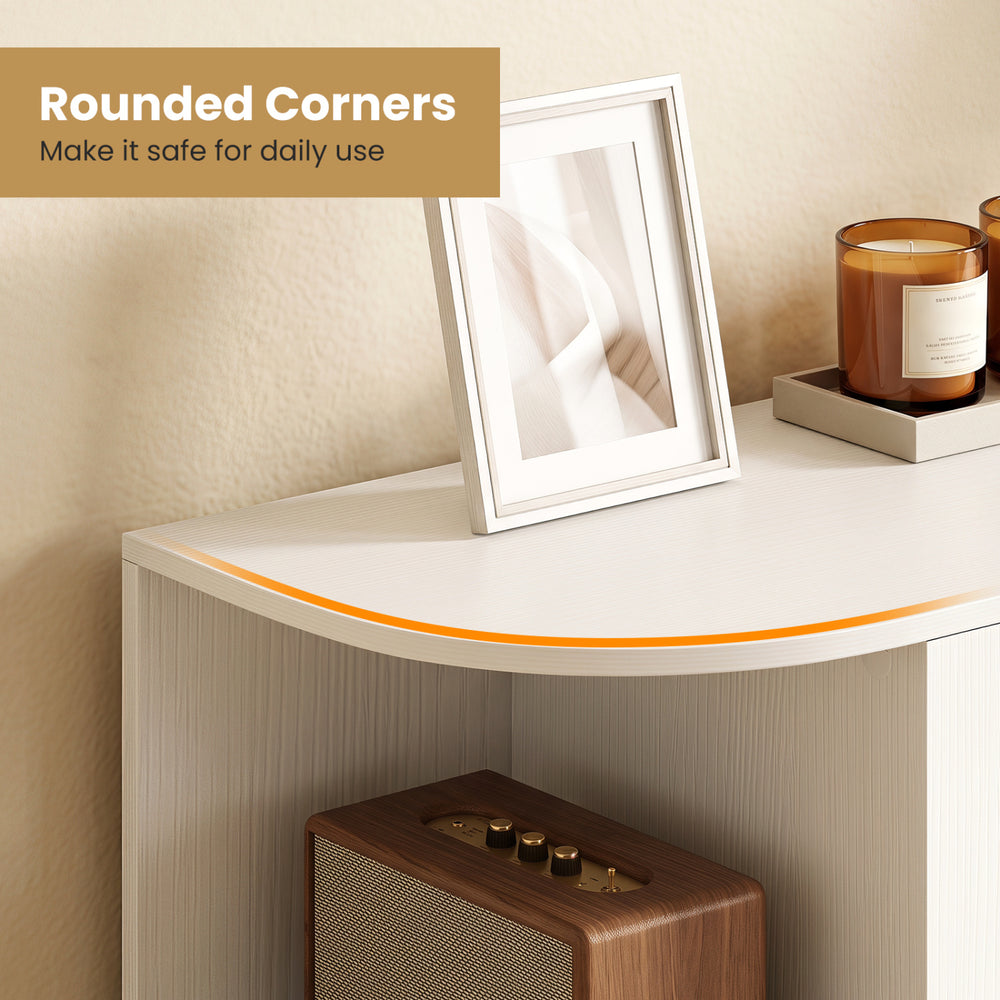 Rounded corner design enhances safety, featuring a 50-inch white TV stand with RGB lights and adjustable shelves.