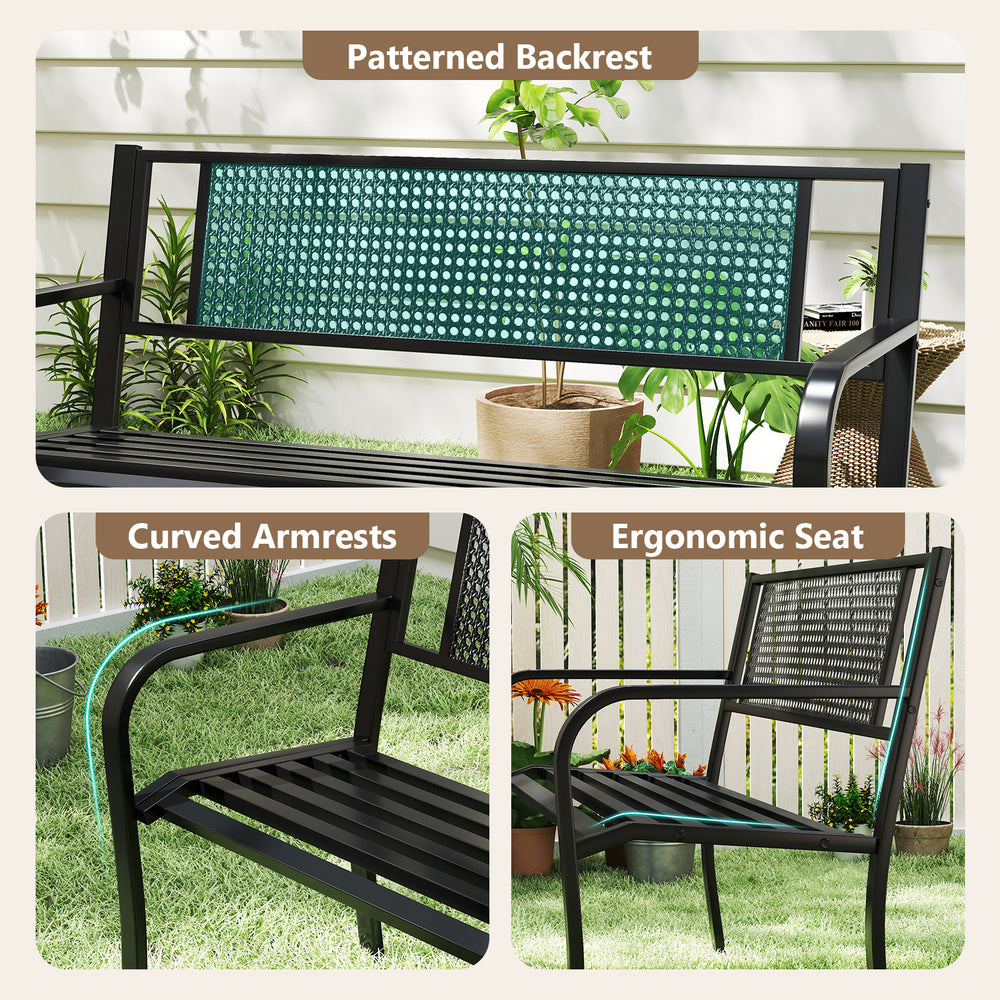 Curved armrests and patterned backrest of the 50-inch black garden bench, designed for comfort and elegance in outdoor.