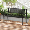 Black 50-inch garden bench with patterned backrest and curved armrests, perfect for outdoor spaces like patios and.