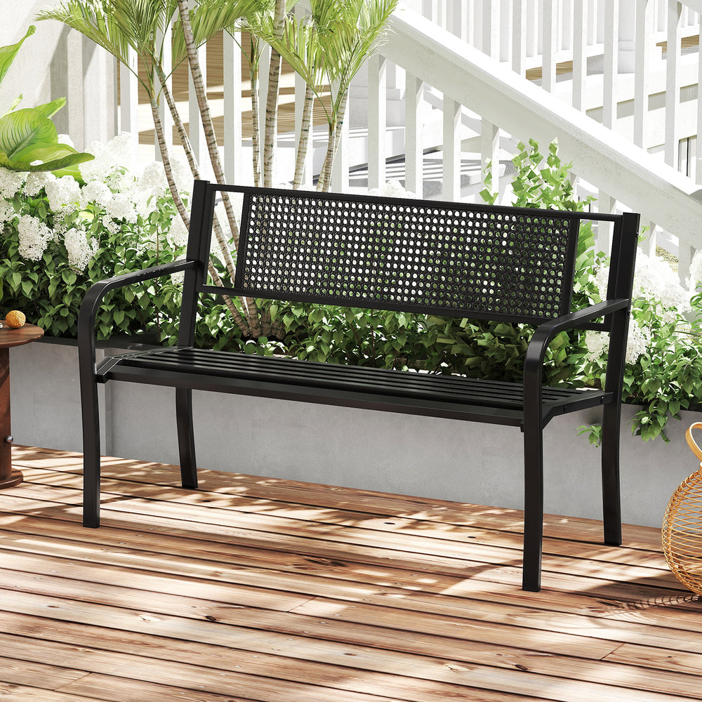 Black 50-inch garden bench with patterned backrest and curved armrests, perfect for outdoor spaces like patios and.