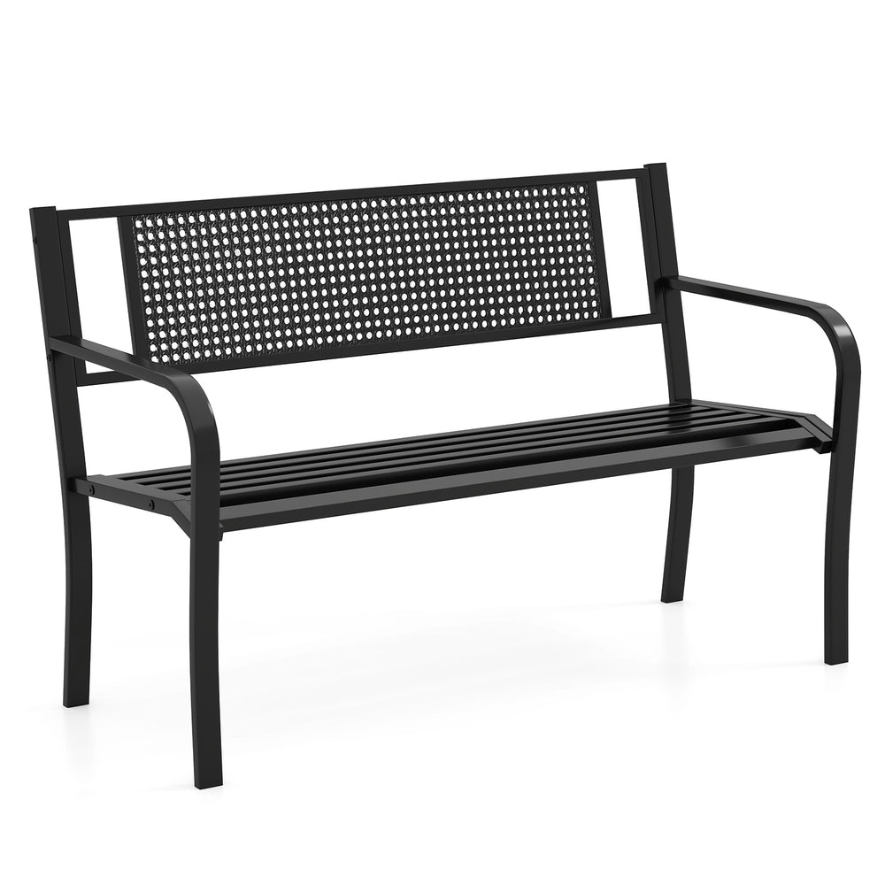 Black 50-inch garden bench with patterned backrest and curved armrests, perfect for outdoor spaces and seating 2-3.