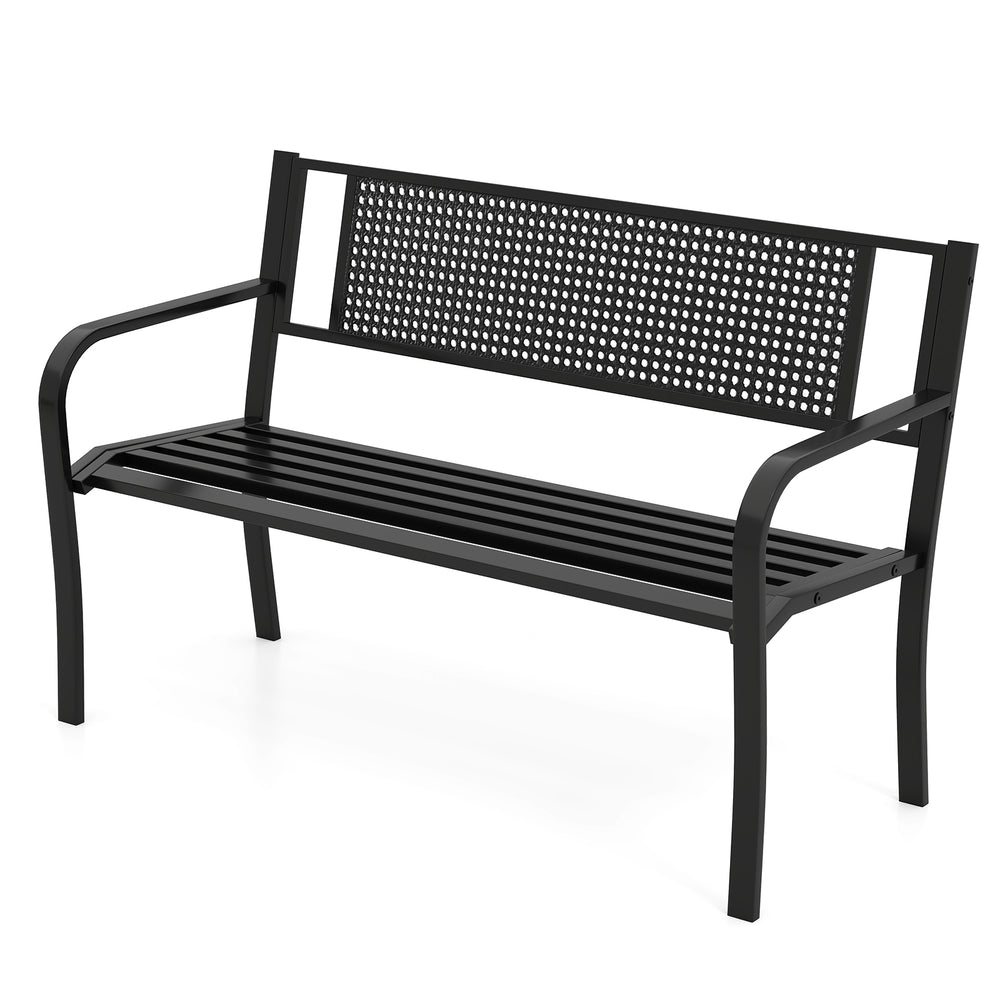 Black 50-inch garden bench with patterned backrest and curved armrests, ideal for outdoor spaces and supports up to 660.