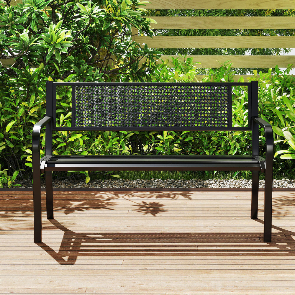 Black 50-inch garden bench with patterned backrest and curved armrests, ideal for outdoor spaces like gardens and.