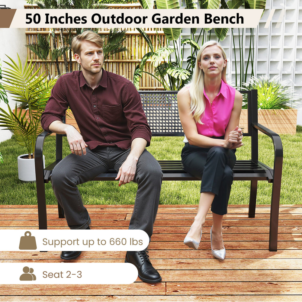 50-inch black garden bench with patterned backrest and curved armrests, supports up to 660 lbs, ideal for outdoor.
