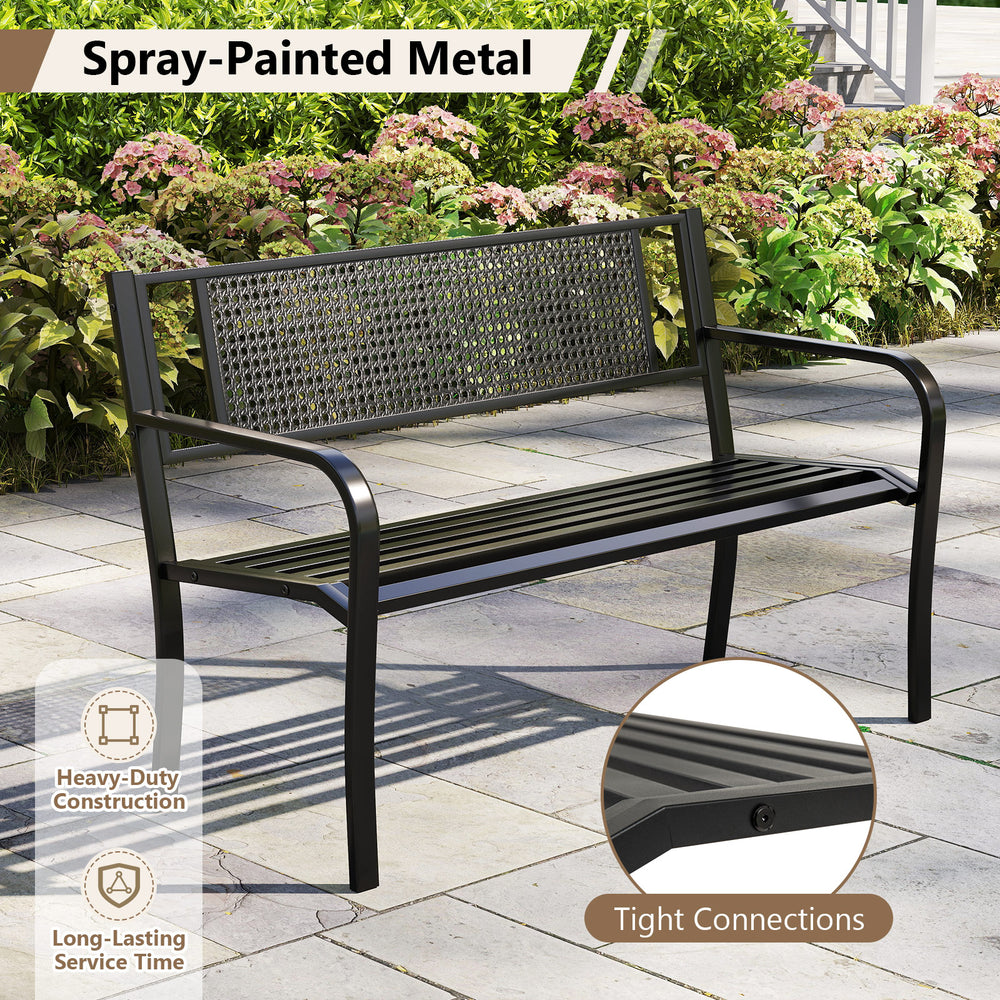 Black 50-inch garden bench with patterned backrest and curved armrests, ideal for outdoor spaces and heavy-duty use.