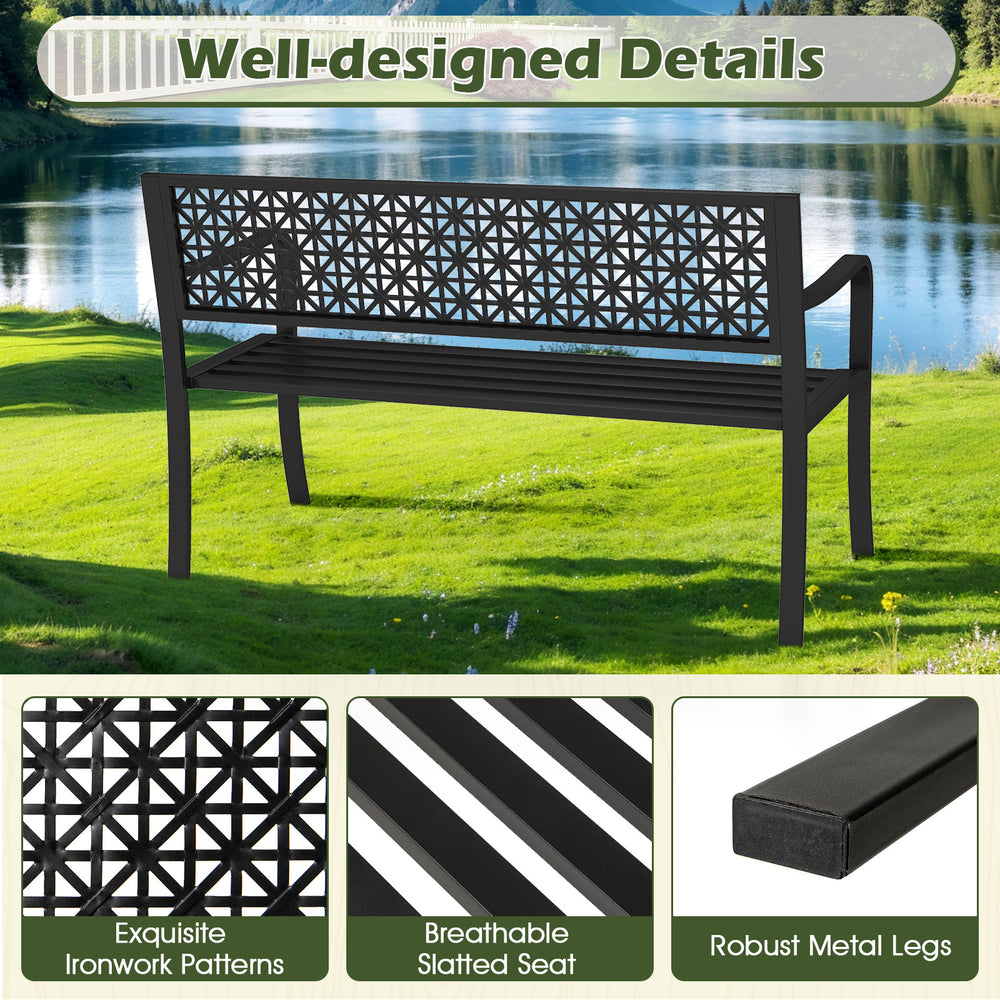 Garden bench with patterned backrest and curved armrests, black metal, for 2-3 persons, ideal for outdoor spaces.